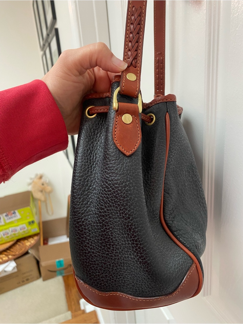 Liz Claiborne Black and Brown Pebbled Leather Drawstring Shoulder Bag - Picture 8 of 12